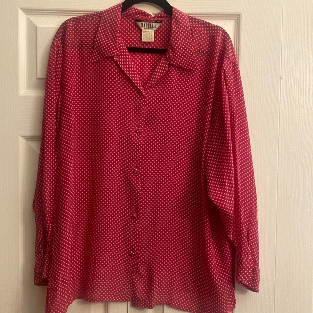 Marella Polka Dot Button Down Blouse Size 12 Pink Silk‎ Blend Vintage Italy